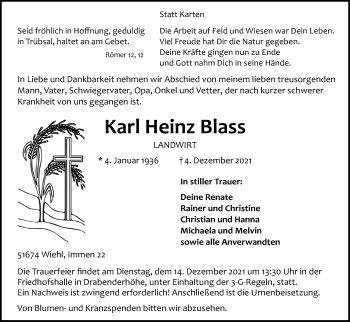 Anzeige von Karl Heinz Blass von Kölner Stadt-Anzeiger / Kölnische Rundschau / Express