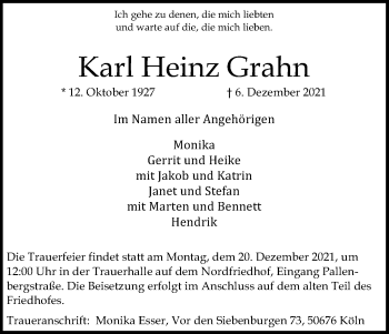 Anzeige von Karl Heinz Grahn von Kölner Stadt-Anzeiger / Kölnische Rundschau / Express