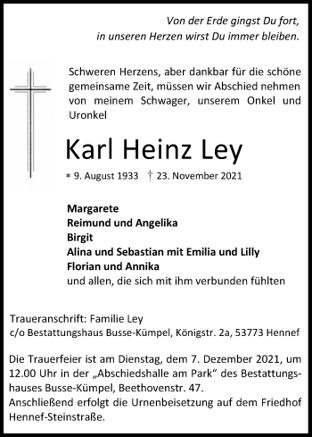 Anzeige von Karl Heinz Ley von Kölner Stadt-Anzeiger / Kölnische Rundschau / Express