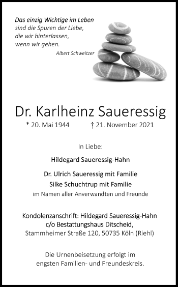 Anzeige von Karlheinz Saueressig von Kölner Stadt-Anzeiger / Kölnische Rundschau / Express