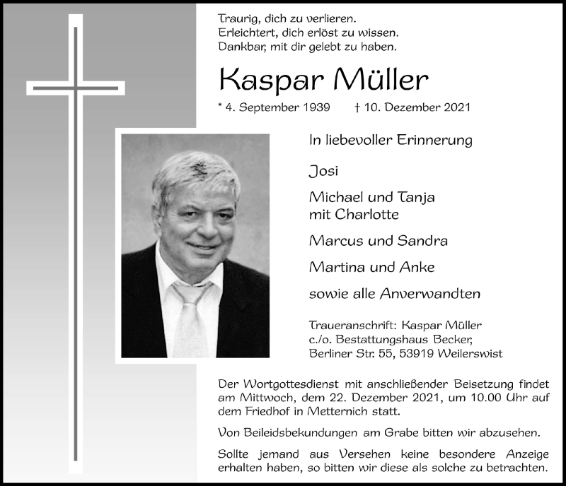  Traueranzeige für Kaspar Müller vom 18.12.2021 aus  Blickpunkt Euskirchen 