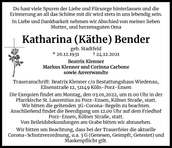 Anzeige von Katharina  Bender von Kölner Stadt-Anzeiger / Kölnische Rundschau / Express