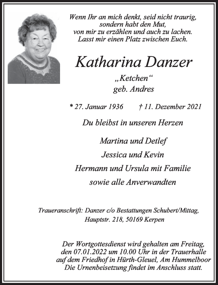  Traueranzeige für Katharina Danzer vom 01.01.2022 aus  Wochenende 