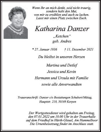 Anzeige von Katharina Danzer von  Wochenende 