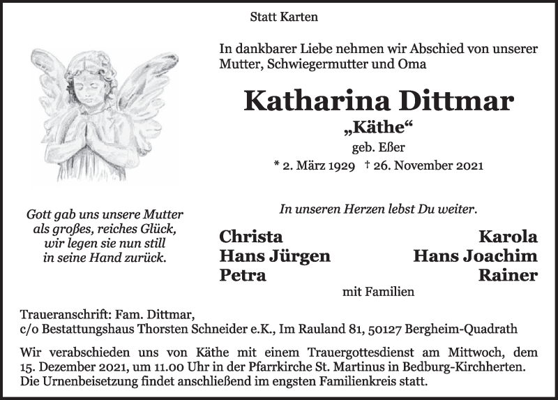  Traueranzeige für Katharina Dittmar vom 10.12.2021 aus  Werbepost 