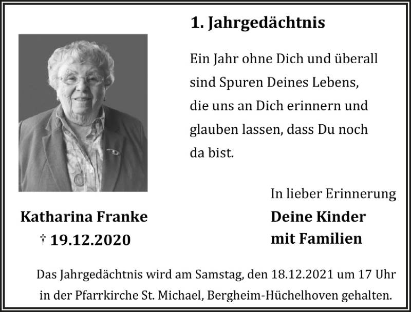  Traueranzeige für Katharina Franke vom 17.12.2021 aus  Werbepost 