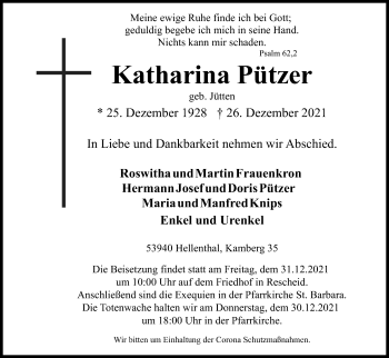 Anzeige von Katharina Pützer von Kölner Stadt-Anzeiger / Kölnische Rundschau / Express