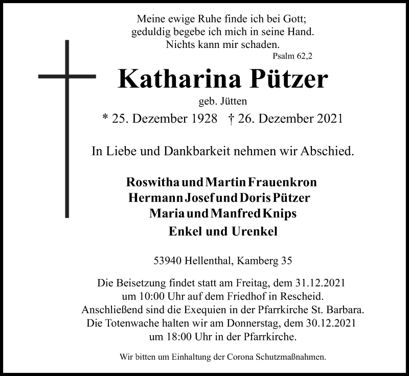  Traueranzeige für Katharina Pützer vom 31.12.2021 aus Kölner Stadt-Anzeiger / Kölnische Rundschau / Express