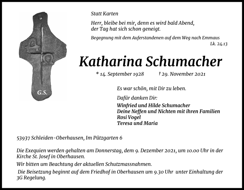  Traueranzeige für Katharina Schumacher vom 04.12.2021 aus Kölner Stadt-Anzeiger / Kölnische Rundschau / Express