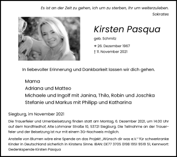 Anzeige von Kirsten Pasqua von Kölner Stadt-Anzeiger / Kölnische Rundschau / Express
