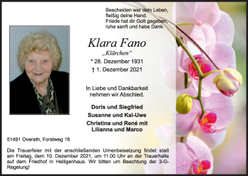 Anzeige von Klara Fano von Kölner Stadt-Anzeiger / Kölnische Rundschau / Express