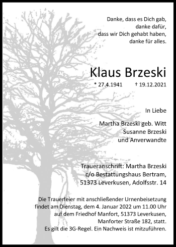 Anzeige von Klaus Brzeski von Kölner Stadt-Anzeiger / Kölnische Rundschau / Express