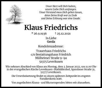 Anzeige von Klaus Friedrichs von Kölner Stadt-Anzeiger / Kölnische Rundschau / Express