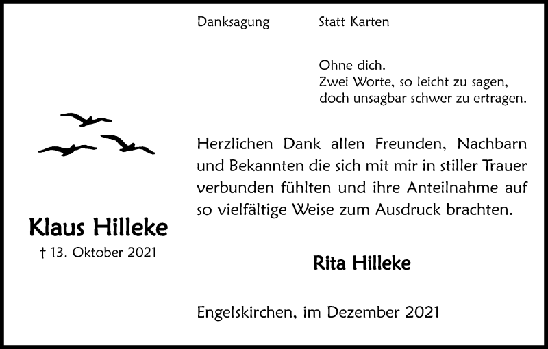  Traueranzeige für Klaus Hilleke vom 04.12.2021 aus Kölner Stadt-Anzeiger / Kölnische Rundschau / Express