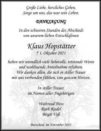 Anzeige von Klaus Hopstätter von Kölner Stadt-Anzeiger / Kölnische Rundschau / Express