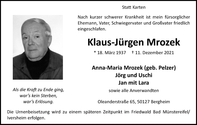 Traueranzeige für Klaus-Jürgen Mrozek vom 29.12.2021 aus Kölner Stadt-Anzeiger / Kölnische Rundschau / Express
