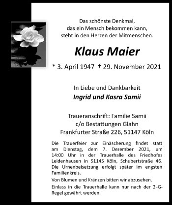 Anzeige von Klaus Maier von  Kölner Wochenspiegel 