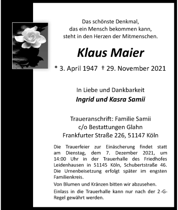 Anzeige von Klaus Maier von Kölner Stadt-Anzeiger / Kölnische Rundschau / Express