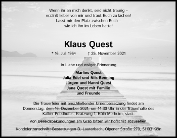 Anzeige von Klaus Quest von Kölner Stadt-Anzeiger / Kölnische Rundschau / Express