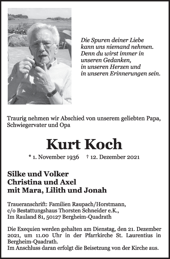 Traueranzeige für Kurt Koch vom 17.12.2021 aus  Werbepost 