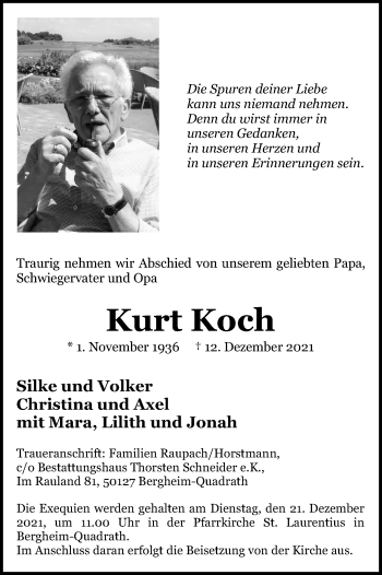 Anzeige von Kurt Koch von Kölner Stadt-Anzeiger / Kölnische Rundschau / Express