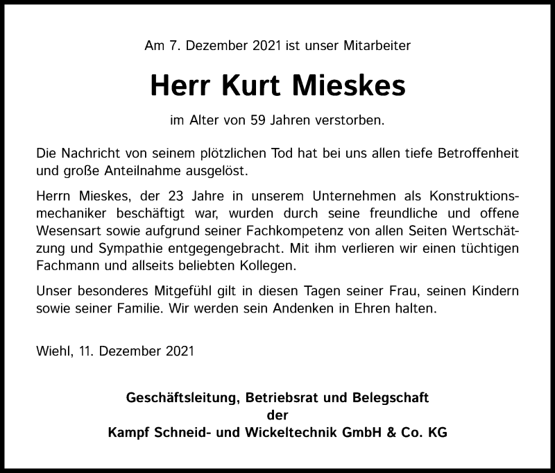  Traueranzeige für Kurt Mieskes vom 11.12.2021 aus Kölner Stadt-Anzeiger / Kölnische Rundschau / Express