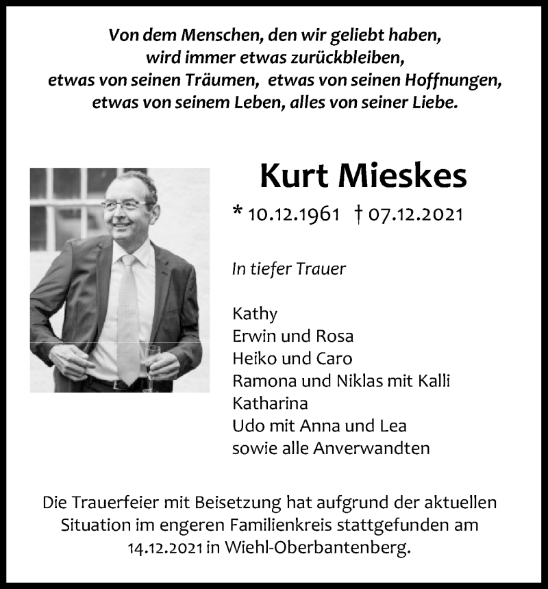  Traueranzeige für Kurt Mieskes vom 15.12.2021 aus Kölner Stadt-Anzeiger / Kölnische Rundschau / Express