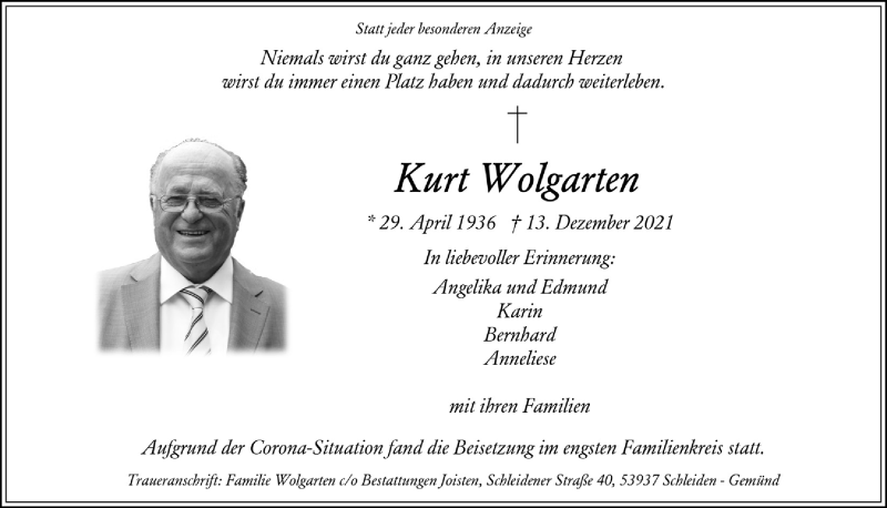  Traueranzeige für Kurt Wolgarten vom 01.01.2022 aus  Blickpunkt Euskirchen 