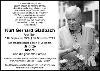 Anzeige von Kurt Gerhard Gladbach von Kölner Stadt-Anzeiger / Kölnische Rundschau / Express