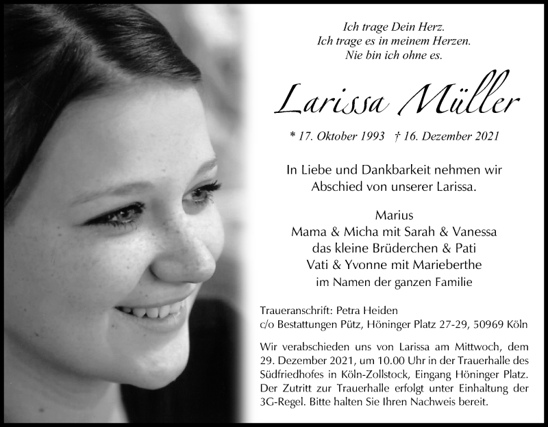 Traueranzeige für Larissa Müller vom 22.12.2021 aus Kölner Stadt-Anzeiger / Kölnische Rundschau / Express