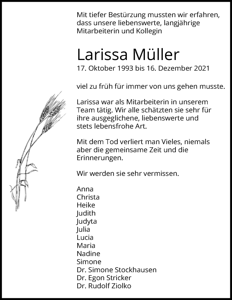  Traueranzeige für Larissa Müller vom 24.12.2021 aus Kölner Stadt-Anzeiger / Kölnische Rundschau / Express