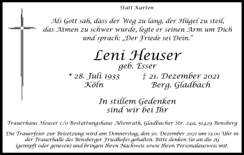 Anzeige von Leni Heuser von Kölner Stadt-Anzeiger / Kölnische Rundschau / Express