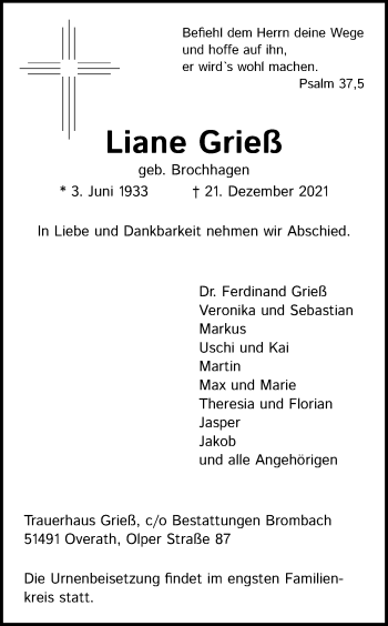 Anzeige von Liane Grieß von Kölner Stadt-Anzeiger / Kölnische Rundschau / Express