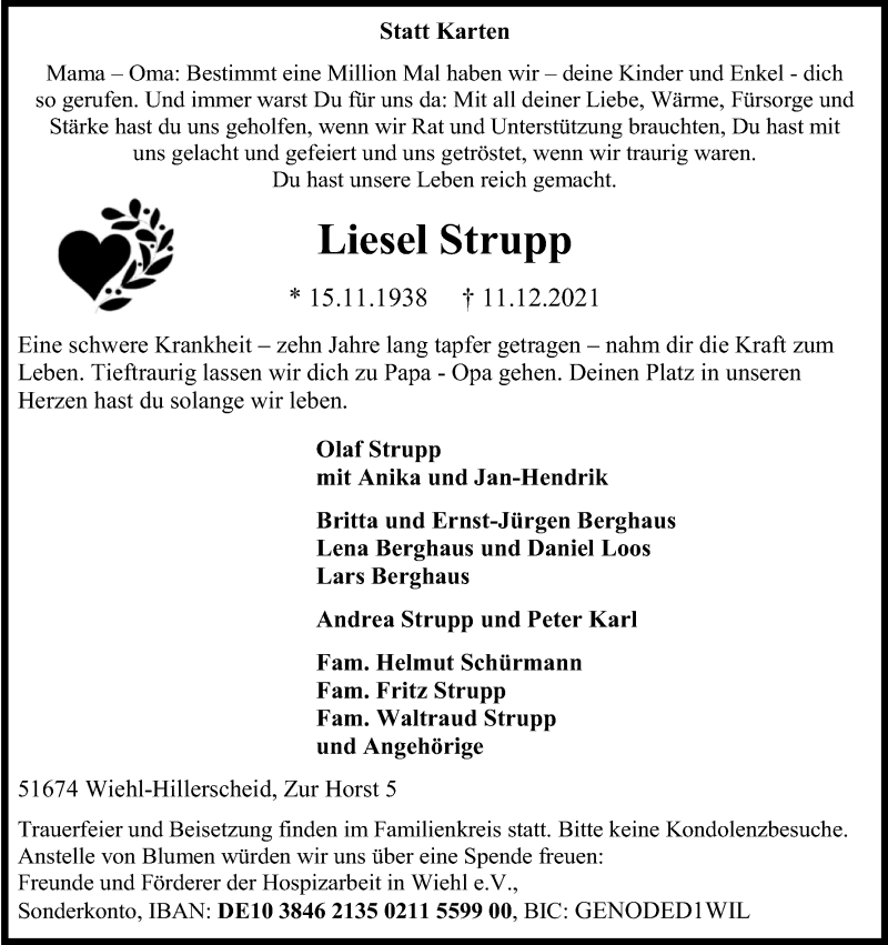  Traueranzeige für Liesel Strupp vom 14.12.2021 aus Kölner Stadt-Anzeiger / Kölnische Rundschau / Express