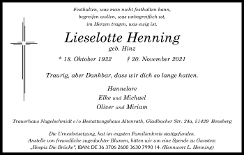 Anzeige von Lieselotte Henning von Kölner Stadt-Anzeiger / Kölnische Rundschau / Express