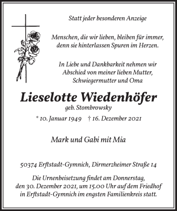 Anzeige von Lieselotte Wiedenhöfer von  Werbepost 