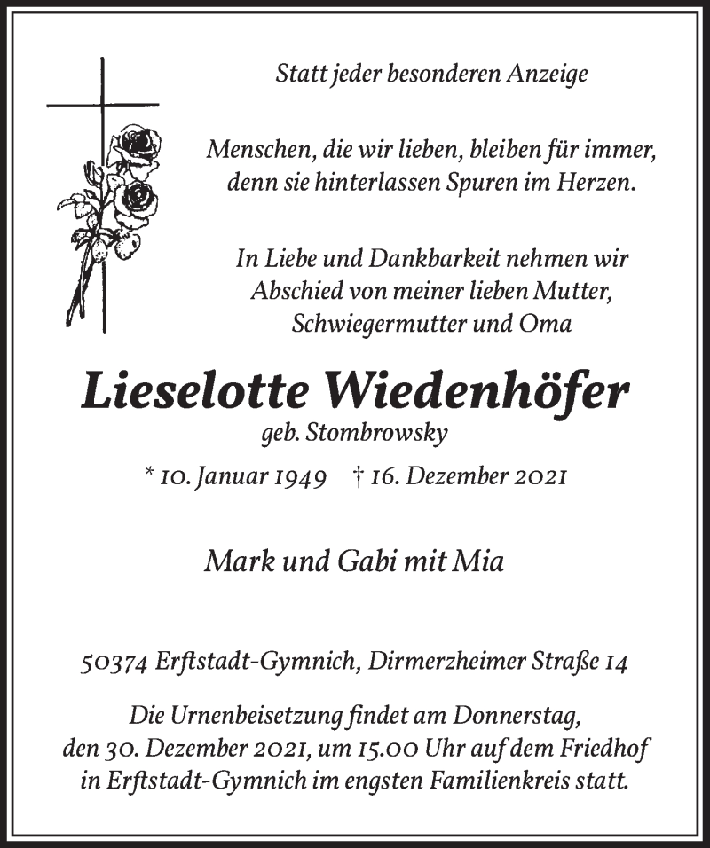 Traueranzeige für Lieselotte Wiedenhöfer vom 27.12.2021 aus  Werbepost 