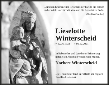 Anzeige von Lieselotte Winterscheid von  Bergisches Handelsblatt 