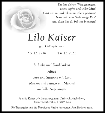 Anzeige von Lilo Kaiser von Kölner Stadt-Anzeiger / Kölnische Rundschau / Express