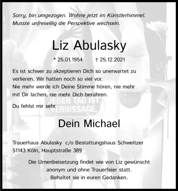 Anzeige von Liz Abulasky von Kölner Stadt-Anzeiger / Kölnische Rundschau / Express