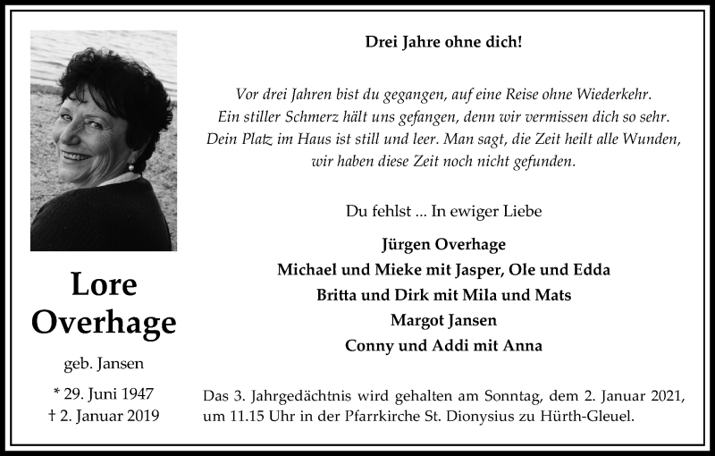  Traueranzeige für Lore Overhage vom 31.12.2021 aus Kölner Stadt-Anzeiger / Kölnische Rundschau / Express