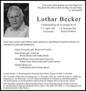 Anzeige von Lothar Becker von Kölner Stadt-Anzeiger / Kölnische Rundschau / Express