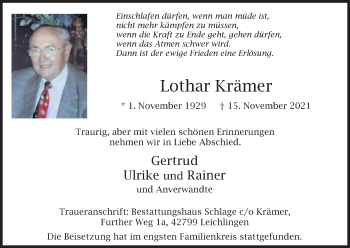 Anzeige von Lothar Krämer von Kölner Stadt-Anzeiger / Kölnische Rundschau / Express
