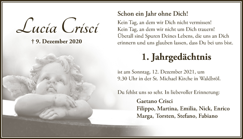  Traueranzeige für Lucia Crisci vom 10.12.2021 aus  Lokalanzeiger 