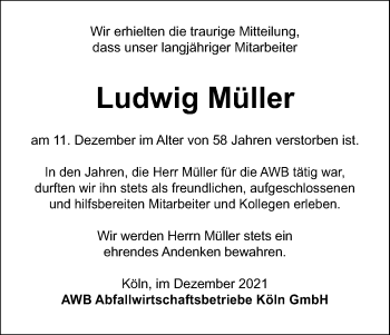 Anzeige von Ludwig Müller von Kölner Stadt-Anzeiger / Kölnische Rundschau / Express