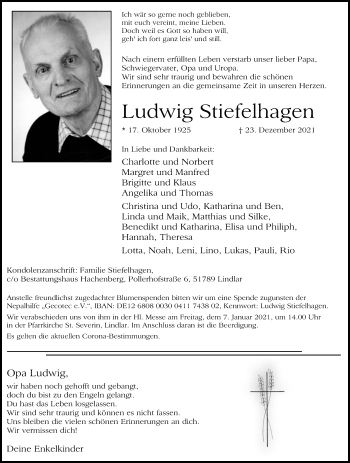 Anzeige von Ludwig Stiefelhagen von Kölner Stadt-Anzeiger / Kölnische Rundschau / Express