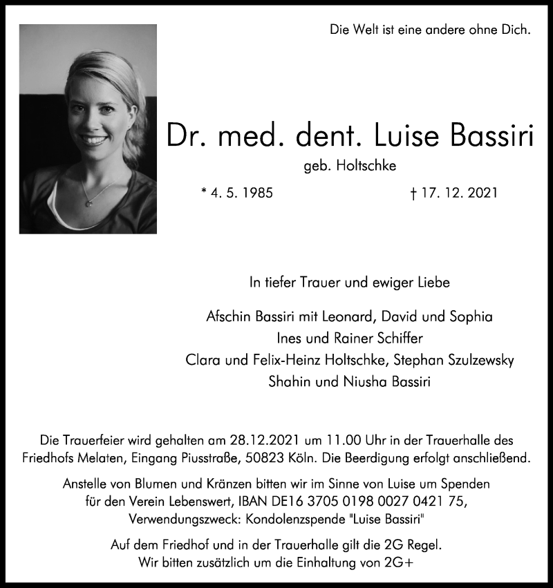  Traueranzeige für Luise Bassiri vom 24.12.2021 aus Kölner Stadt-Anzeiger / Kölnische Rundschau / Express