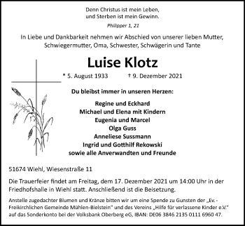 Anzeige von Luise Klotz von Kölner Stadt-Anzeiger / Kölnische Rundschau / Express