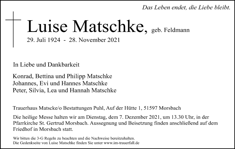  Traueranzeige für Luise Matschke vom 02.12.2021 aus Kölner Stadt-Anzeiger / Kölnische Rundschau / Express