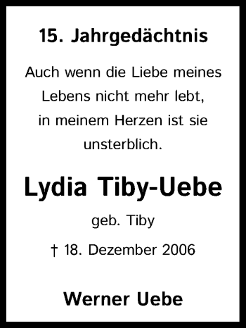Anzeige von Lydia Tiby-Uebe von Kölner Stadt-Anzeiger / Kölnische Rundschau / Express